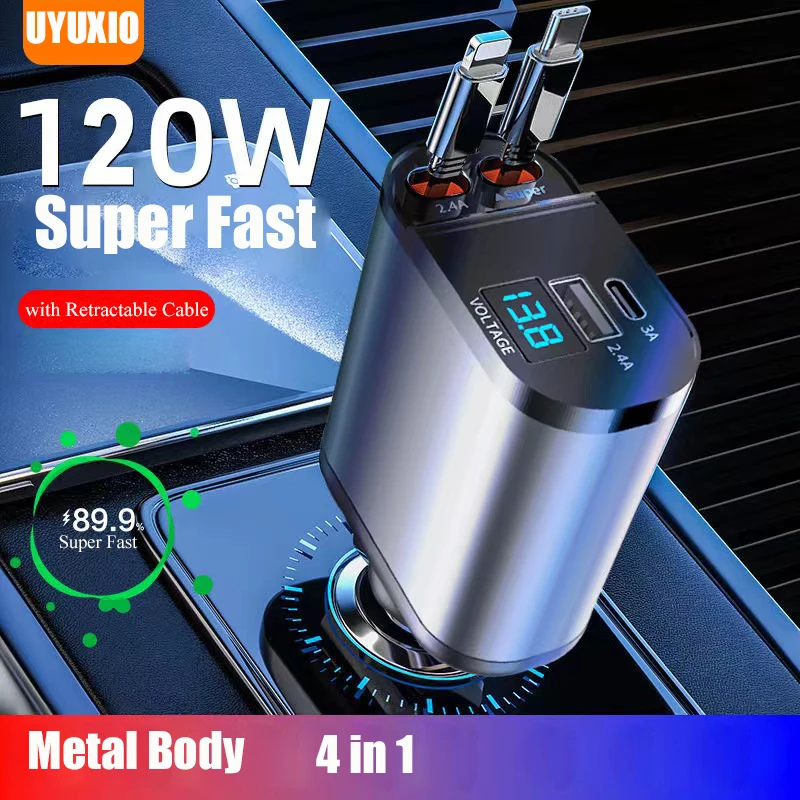 

UYUXIO 100W Car Charger Car Super Fast Charge Adapter with Retractable Cable Voltage Display 4 in 1 for iPhone Samsung Android