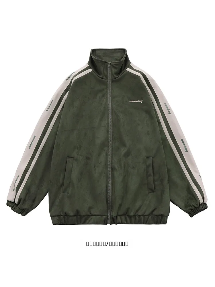 

Зимняя молодежная куртка унисекс из замши с вышивкой, воротником-стойкой, на молнии, в полоску, свободного кроя, с длинными рукавами