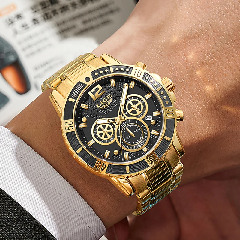 LIGE Top Brand Luxury Fashion All Gold Mens Watches Stainless Steel Quartz Watch For Men Waterproof Sport Clock Male Chronograph