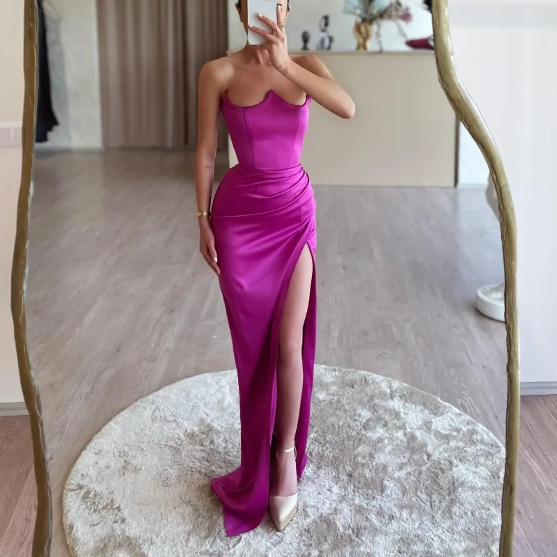 

Sexy Strapless Satin Homecoming Long Dress with High Slit Simple Solid Elegant Slit Fit Prom Party Gowns 2024 Vestidos Noche