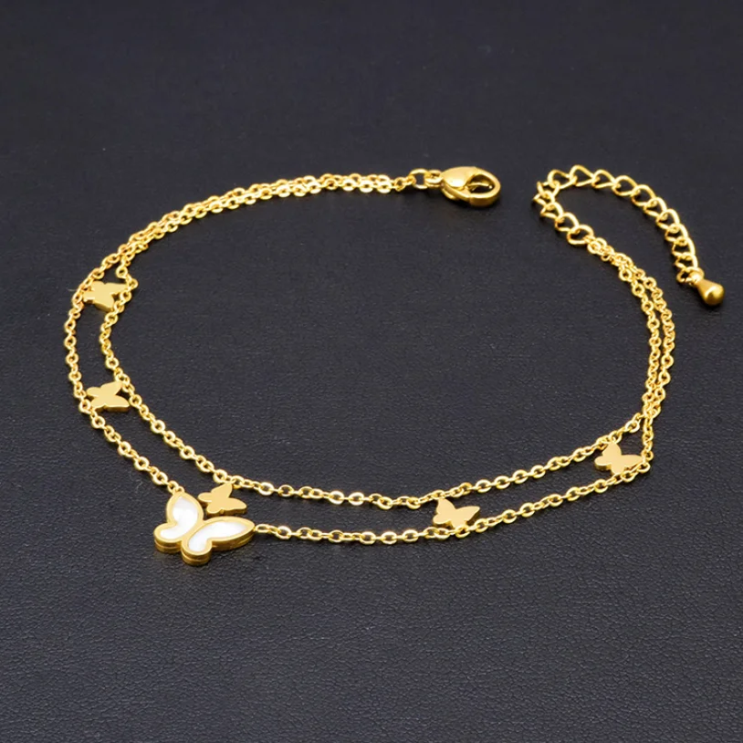 316L Stainless Steel New Fashion High-end Jewelry 2 Layer Embed Natural Shells Welding Butterfly Charm Chain Anklet For Women
