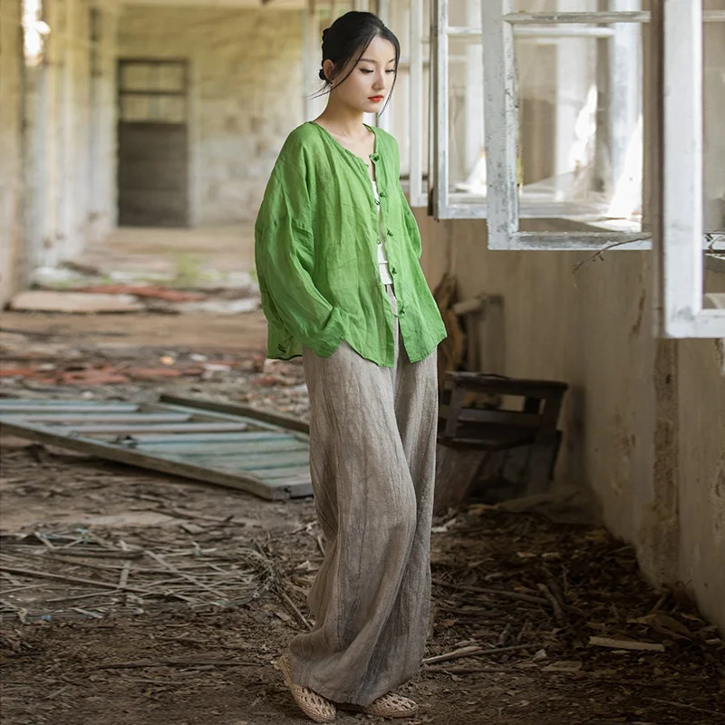 

Одежда для защиты от солнца, 100% конопляная ткань, женская рубашка, лето 2023, на пуговицах, с круглым вырезом, длинными рукавами, приталенный крой, открытый кардиган