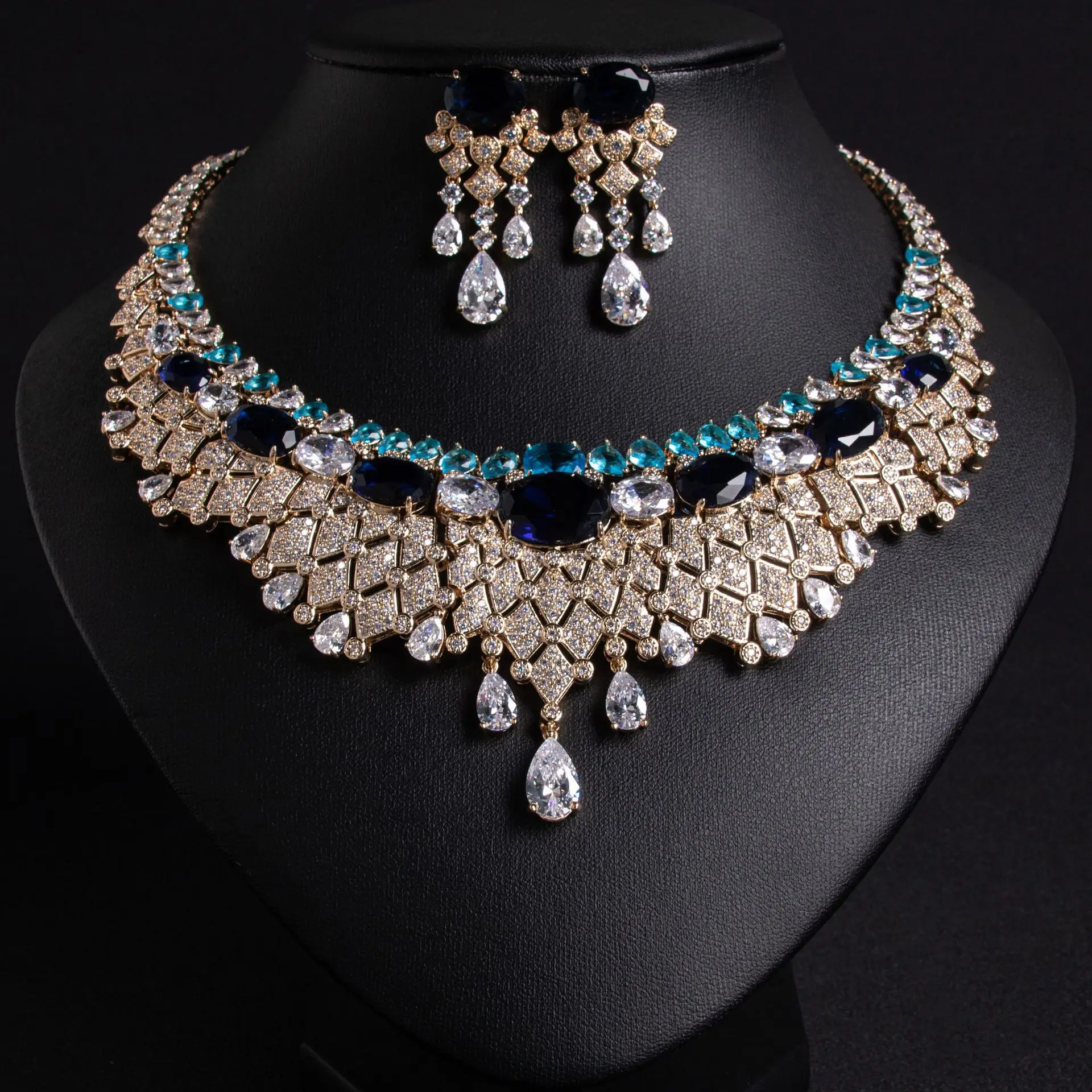 Brilliant Ripple Tassel Zirconia Confidence Women Necklace Earrings Jewellery Set Evening Bridal Wedding Dress Accessories M-291