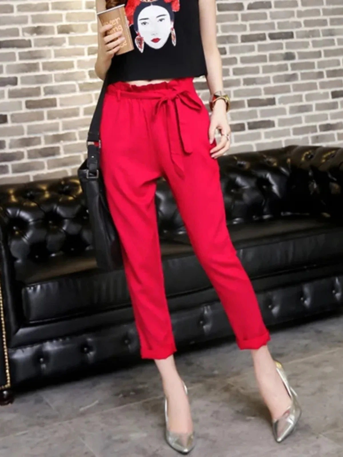 

High Waist Knot Cotton Linen Skinny Pants Women's Spring 2025 New Loose Elastic Waist Casual Sle Nine Points Pants