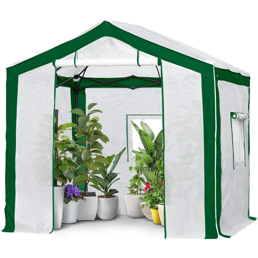 

8x8 Green House Instant Pop Up Center Push Walk-in Greenhouse Roll-up Door 3 Roll-Up Mesh Windows UV Resistant Easy Setup