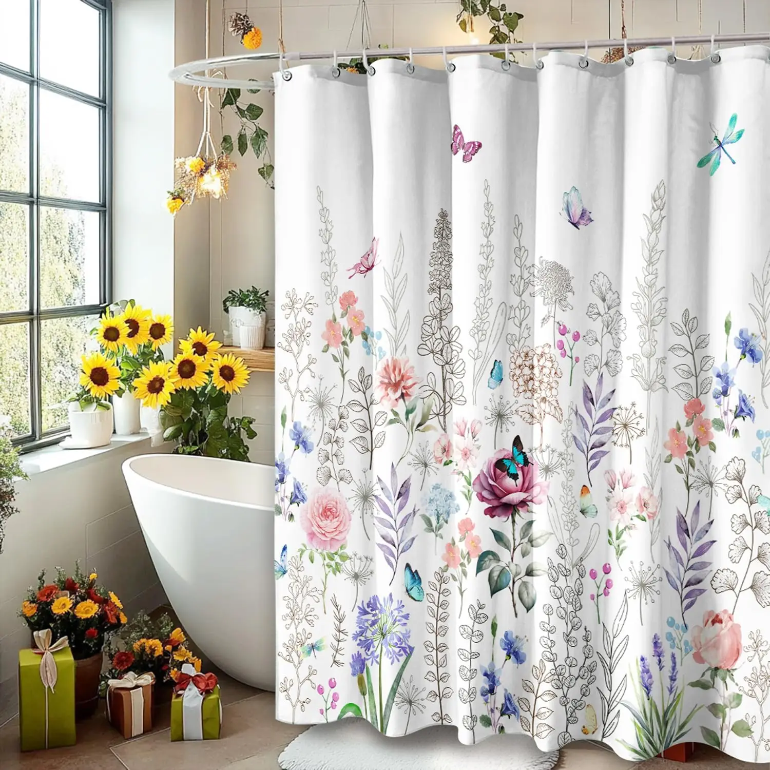 Butterfly Flower Garden Shower Curtain Colorful Botanical Insect Print for Bathroom