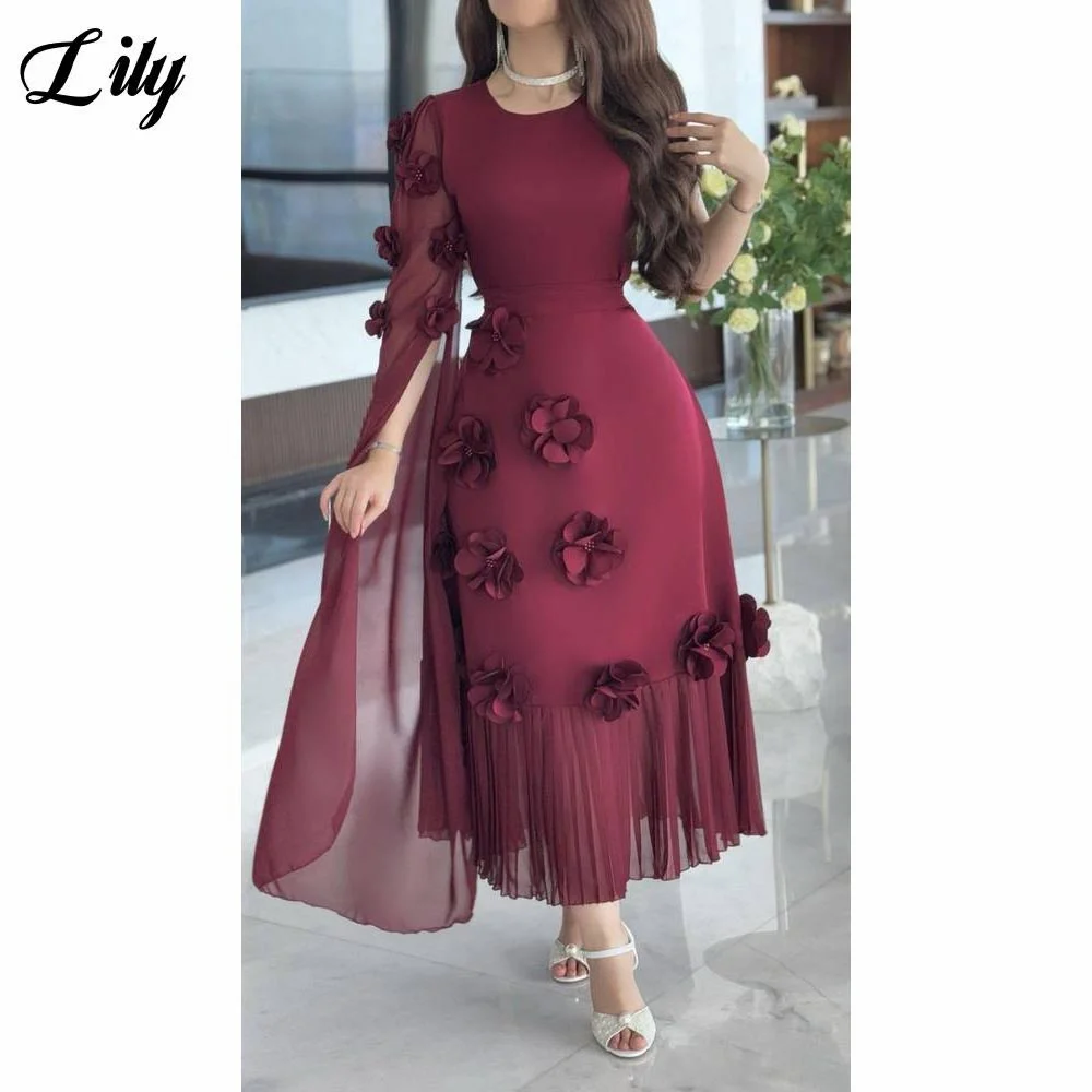 

Lily Burgundy Prom Dress O Neck Midi Celebrity Dress 3D Flower Appliques Evening Dress Pleated Hem Party Dresses Customized