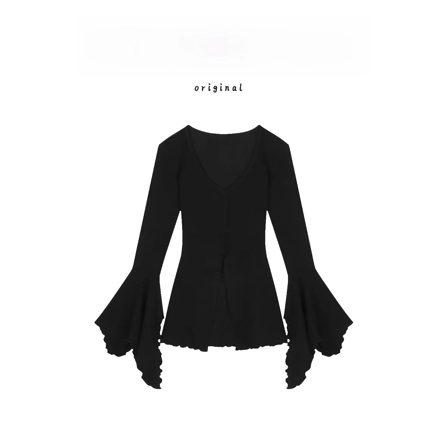 Black V-Neck Bell Sleeve T-Shirt Women's Slim Fit Design Waist Cinching Long Sleeve Split Ladylike Top Commute Style Cotton
