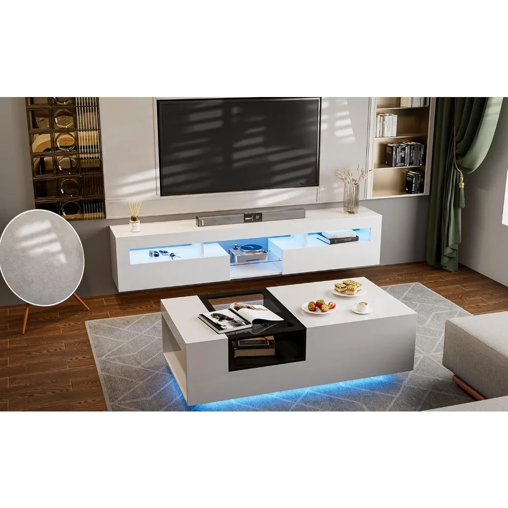 LED Floating TV Stand for 85+ inch TV, White High Glossy Wall Mounted Haning TV Stand with 2 Cabinets, Modern Floating En