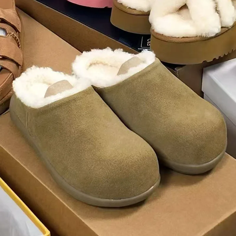 Zapatos de patatas pequeñas de lana para mujer, botas de nieve a la moda, piel, todo incluido, suela suave de cuero, terciopelo de invierno, 2025
