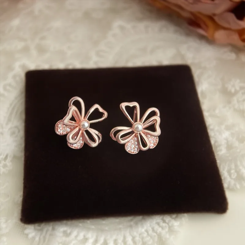 Micropavé Zircon Rose Gold Flower Earrings Women Office-Ready Versatile Hollow Hibiscus High-End Jewelry