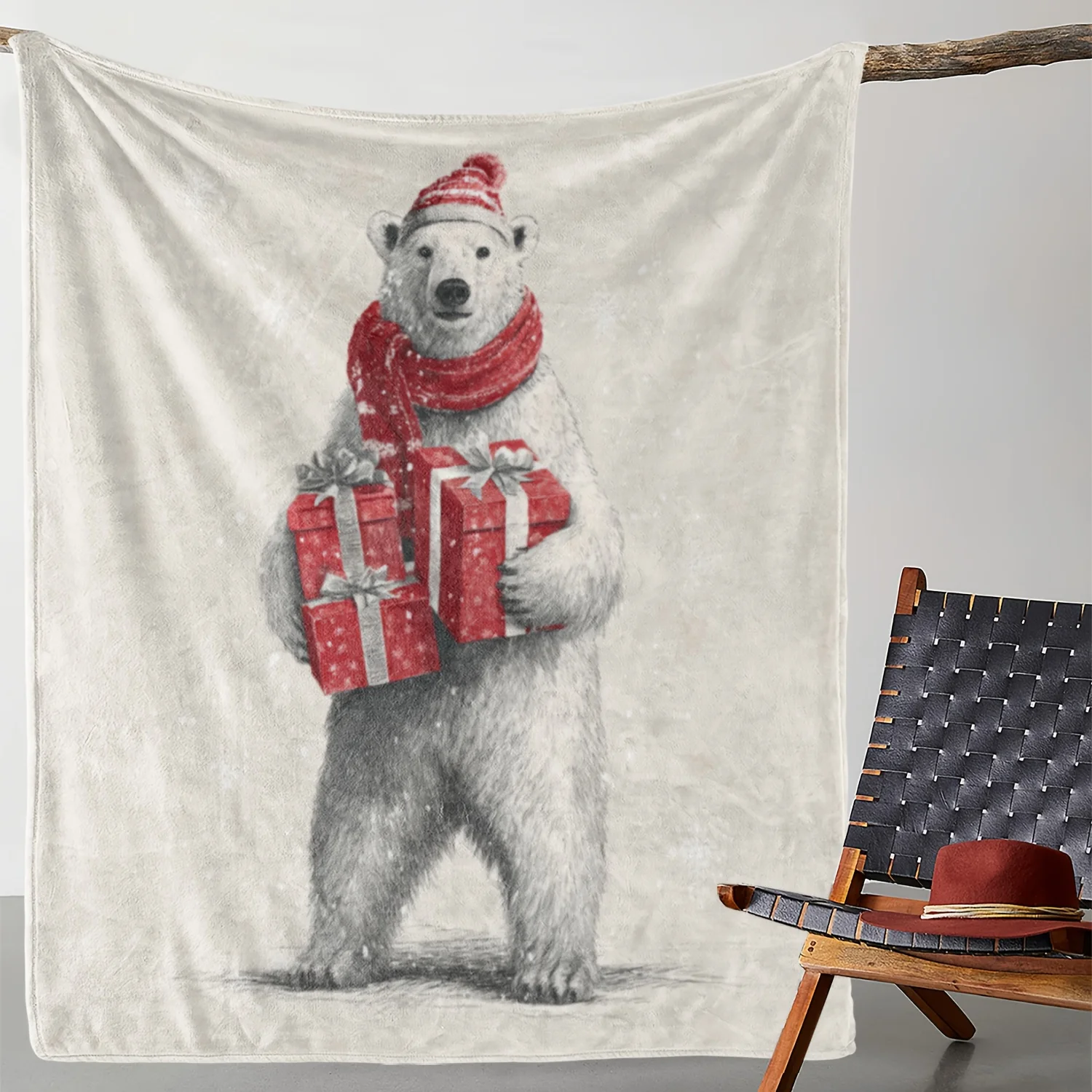 1pc Zeal Lily Flannel Blanket - Polar Bear with Santa Hat & Scarf Holding Gifts Print, Soft Warm All-Season Cozy Throw for Bed