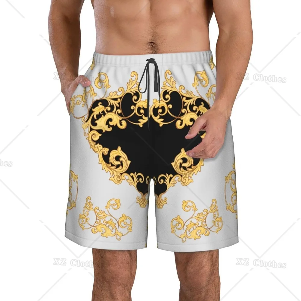 Black Heart and Gold Embroider Men's Beach Board Shorts Quick Dry Swim Trunks Swimsuit with Pockets and Mesh Lining for Party