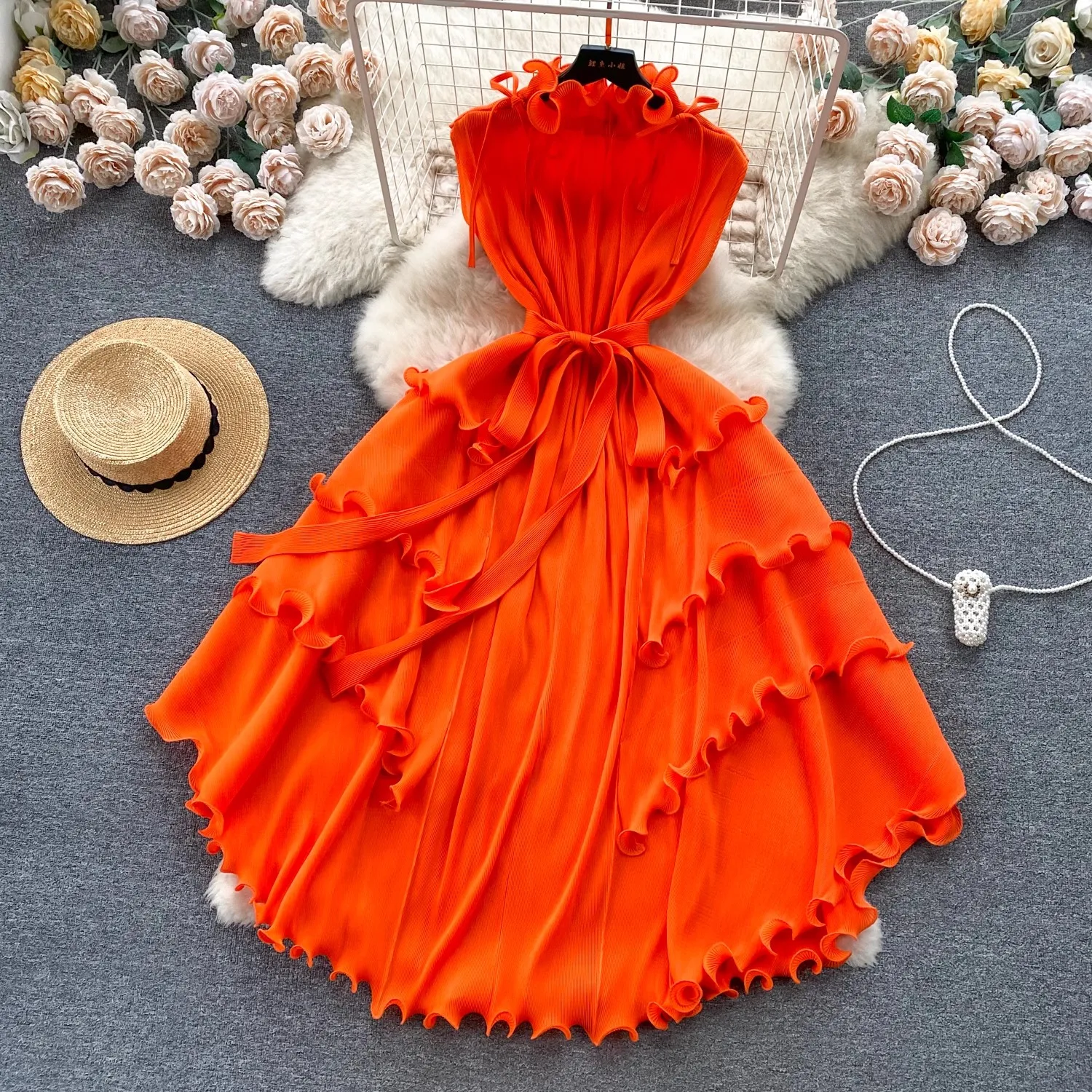 

Luxury Miyake Pleated Dress For Women 2024 New Fashion Ruffles Collar Loose Large Size Solid Color Sleeveless Lace Up Robe Dress