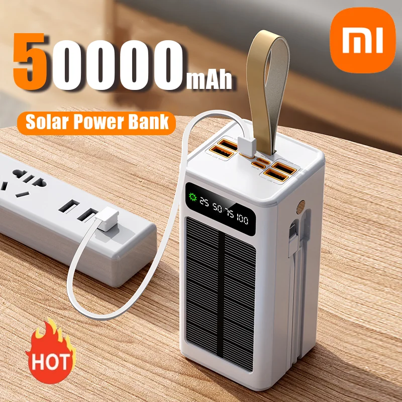 Xiaomi 50000mAh zagęszczony Bank energii słonecznej o dużej pojemności wbudowane kable zewnętrzne baterie LED Light Power Bank dla iPhone Lenovo