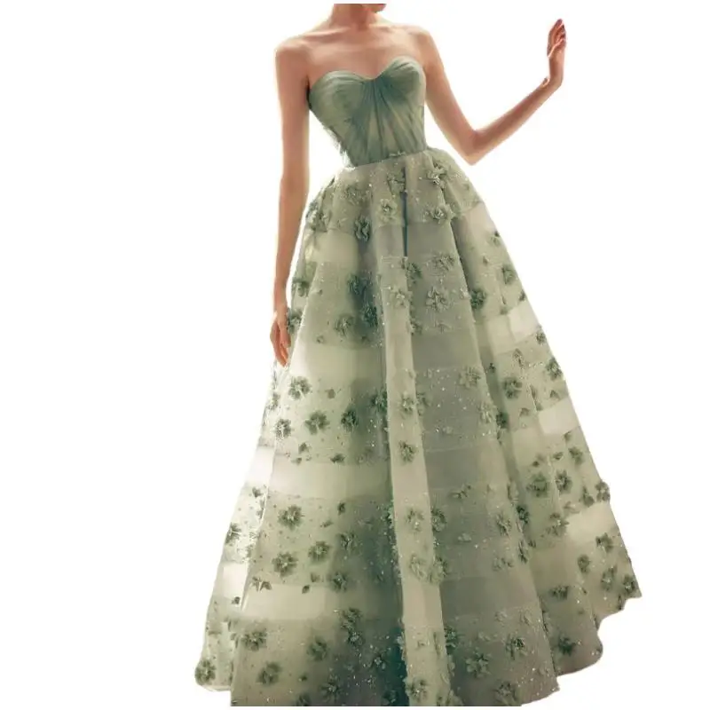 Vestido de noche de Dubái con flores en 3D verde salvia de lujo para mujer, vestido largo sin tirantes, línea A, vestido Formal de graduación, vestido de fiesta de boda, nuevo