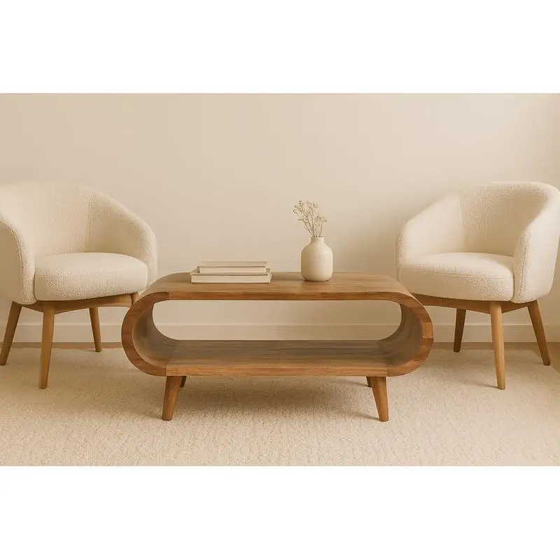 Table basse en chêne de style nordique avec rangement et pieds ouverts