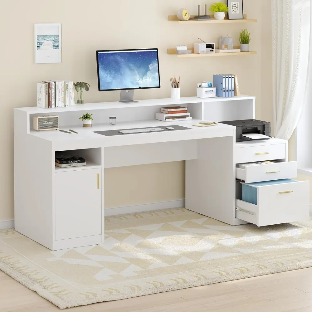 White computer desk, executive desk, desk with long monitor stand and printer stand. Simple and atmospheric