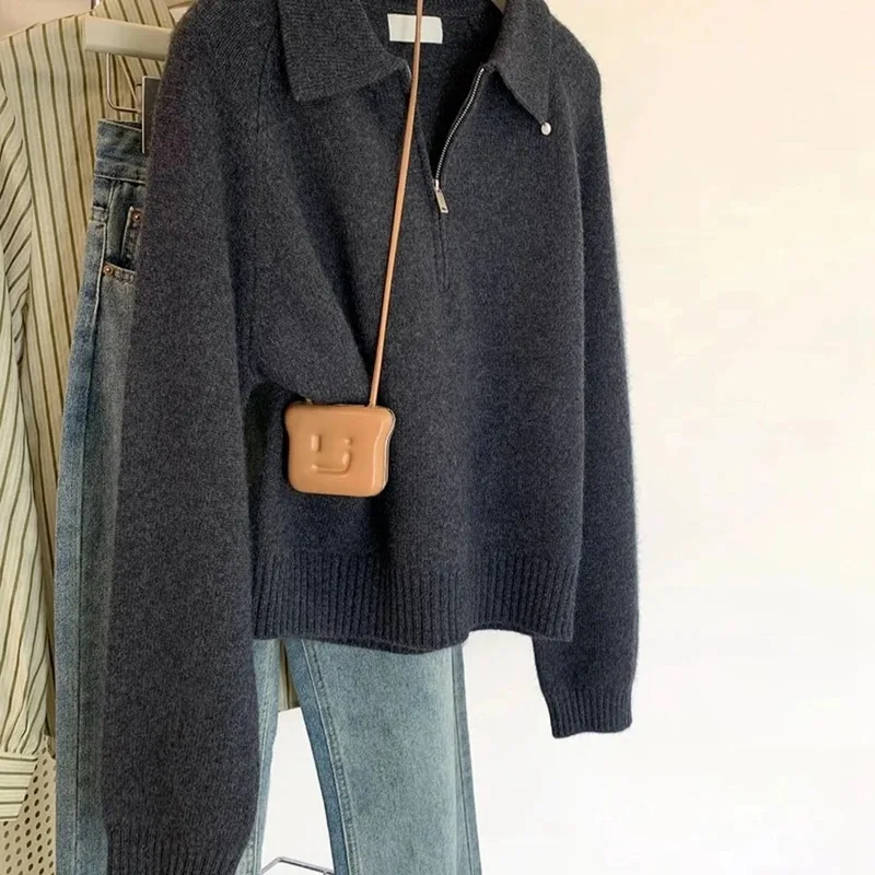 Women Polo Collar Half Zipper Sweaters Solid Color Autumn Winter Warm Tops Female Lapel Kintted Pullovers Elegant Chic Knitwear