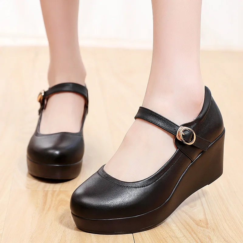 Genuine Leather Shoes Platform Wedges Mary Janes Women Spring 2024 High Heels Pumps for Office Model