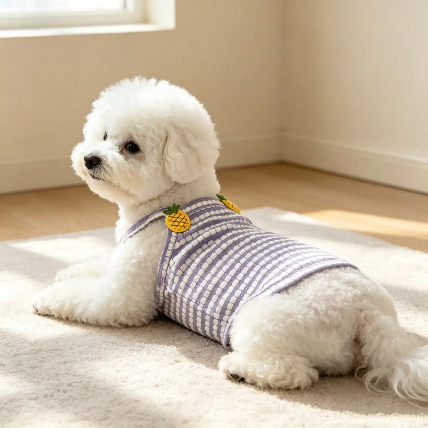 1 Stück gestreiftes Strick-Hundetanktop mit 3D-Frucht-Blumen-Ornament, atmungsaktive Welpenweste für kleine Hunde – Detail 12