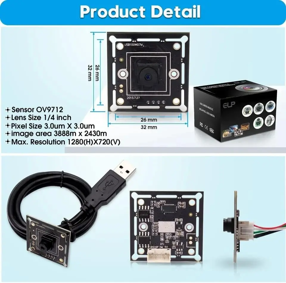 ELP 720P Module de caméra USB haute vitesse 60FPS CMOS OV9712 Webcam 1MP Mini caméra grand Angle avec objectif M7 45/100/120 degrés pour PC