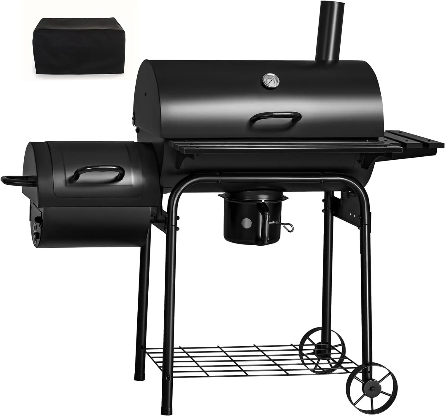 

Outdoor BBQ Grill with Side Oven & Thermometer Barbecue Grill Offset Smoker with Ash Catcher & Cover for Camping Picnics