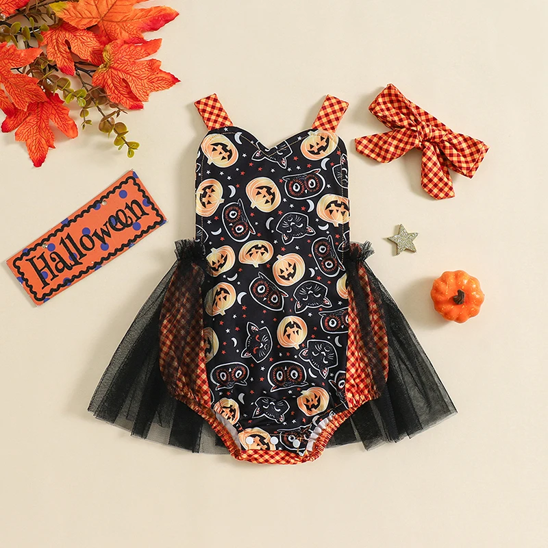 

Baby Girls Rompers Dress Halloween Clothes Pumpkin Owl Print Tulle Skirt Hem Straps Sleeveless Toddler Bodysuits with Headband