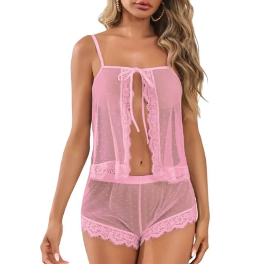 

Sexy Women Lace Pajamas Lingerie Set High Waist Sheer Sleepwear Bow Ties Cami Shorts Set