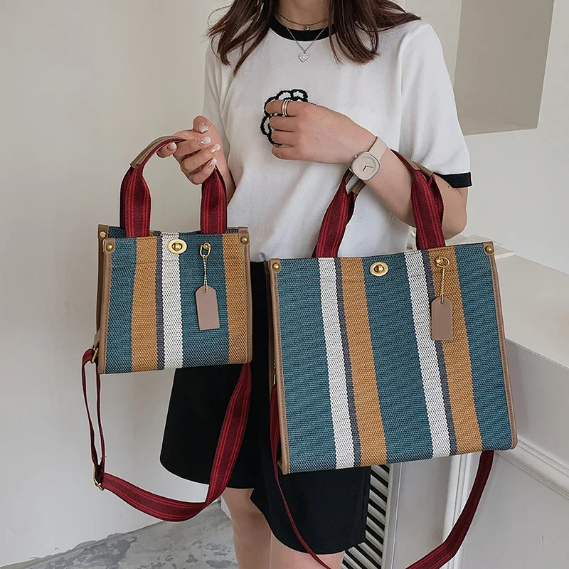 BXWJ Canvas Stripe Tote Bag Vintage Shoulder Crossbody Bags Large Small Size Versatile Women\'s Handbags Shopping Storage Handbag