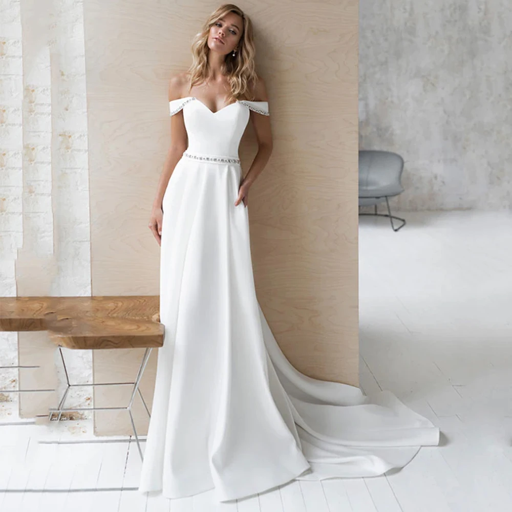 

Modern White Off the Shoulder Wedding Dress V-Neck Beading Sleeve and Belt A-Line Floor Length Bridal Backless Gowns Custom Made