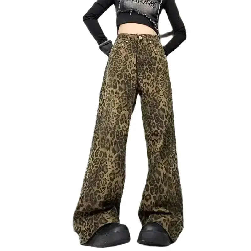 Leopard Print Jeans Trousers Women Loose High Waist Wide Leg Pants 2024 Spring Fashion Ladies Vintage Hip Hop Streetwears