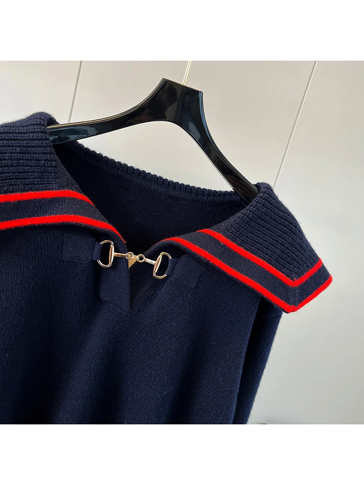 High Quality New Wool Knitted Sweaters 2023 Autumn Winter Dark Blue Jumpers Ladies Turn-down Collar Striped Color Block Pullover