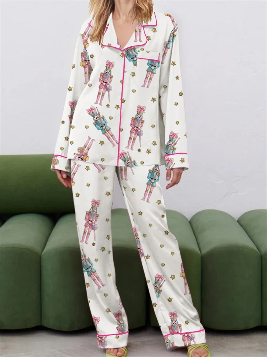 Women Christmas Pajama Set Cute Nutcracker Print Long Sleeve Button Down Shirt Pants Satin Silk PJ Set 2 Piece Jammies