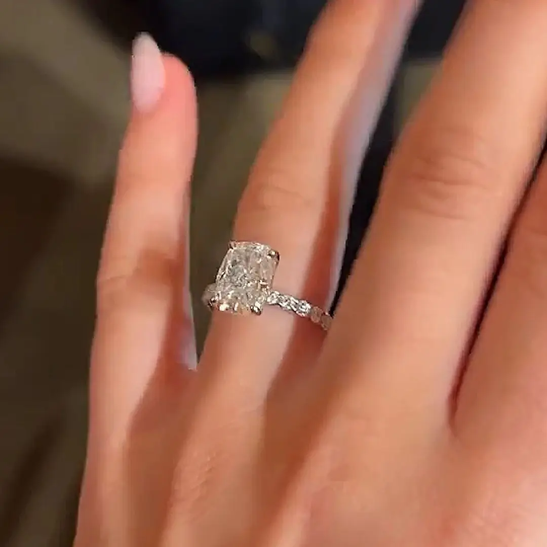 Crushed Ice Hybrid Cushion Cut 4CT Moissanite Engagement Ring, 10×7.5mm Center Stone, Solid 14K White Gold Fine Jewelry, Wedding Anniversary Bridal Gift For Women