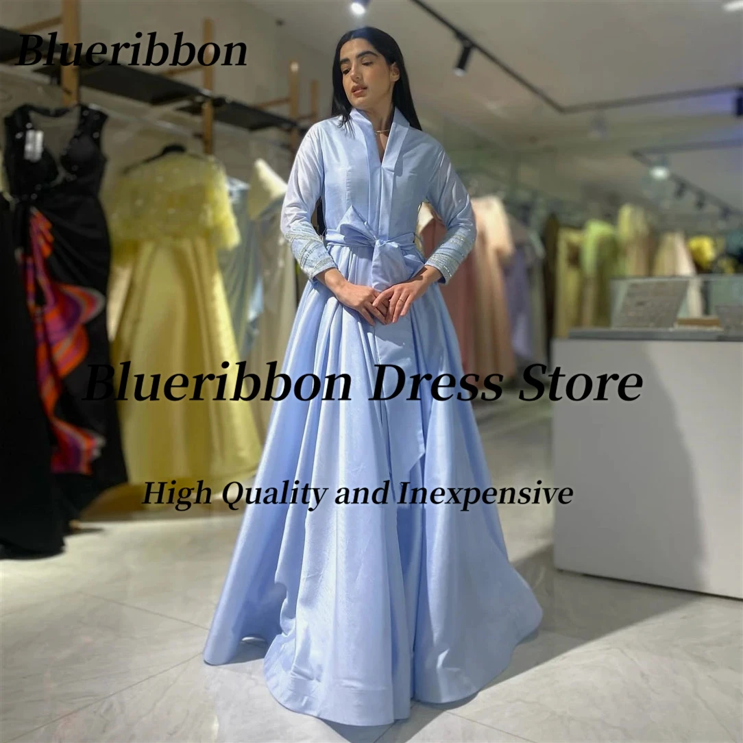 Vestidos de noche para mujer con cuello en V y fajín de Blueribbon, vestido de fiesta de boda de manga larga, vestidos formales de graduación con volantes en línea A, personalizados