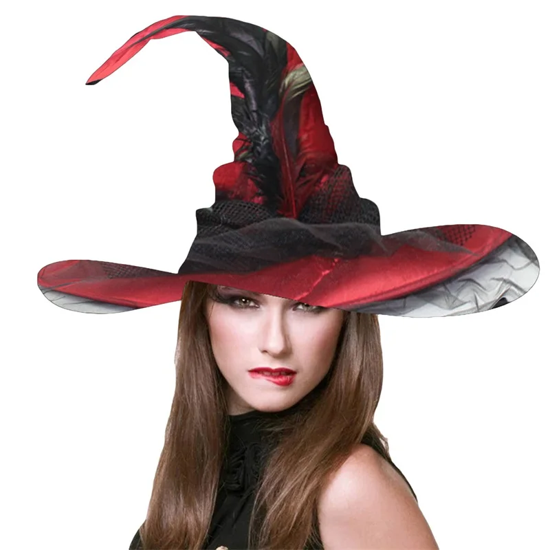 Halloween Witch Hat Costume Large Feather Wizard Hats with Tulle Party Accessory for Halloween Carnival