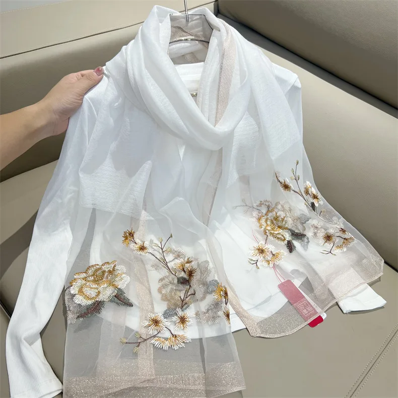 Large Silk Wool Scarf Fashon Summer Beach Shawl Wraps Women Neckerchief Embroidery Female Foulard Hijab Scarves bufanda poncho