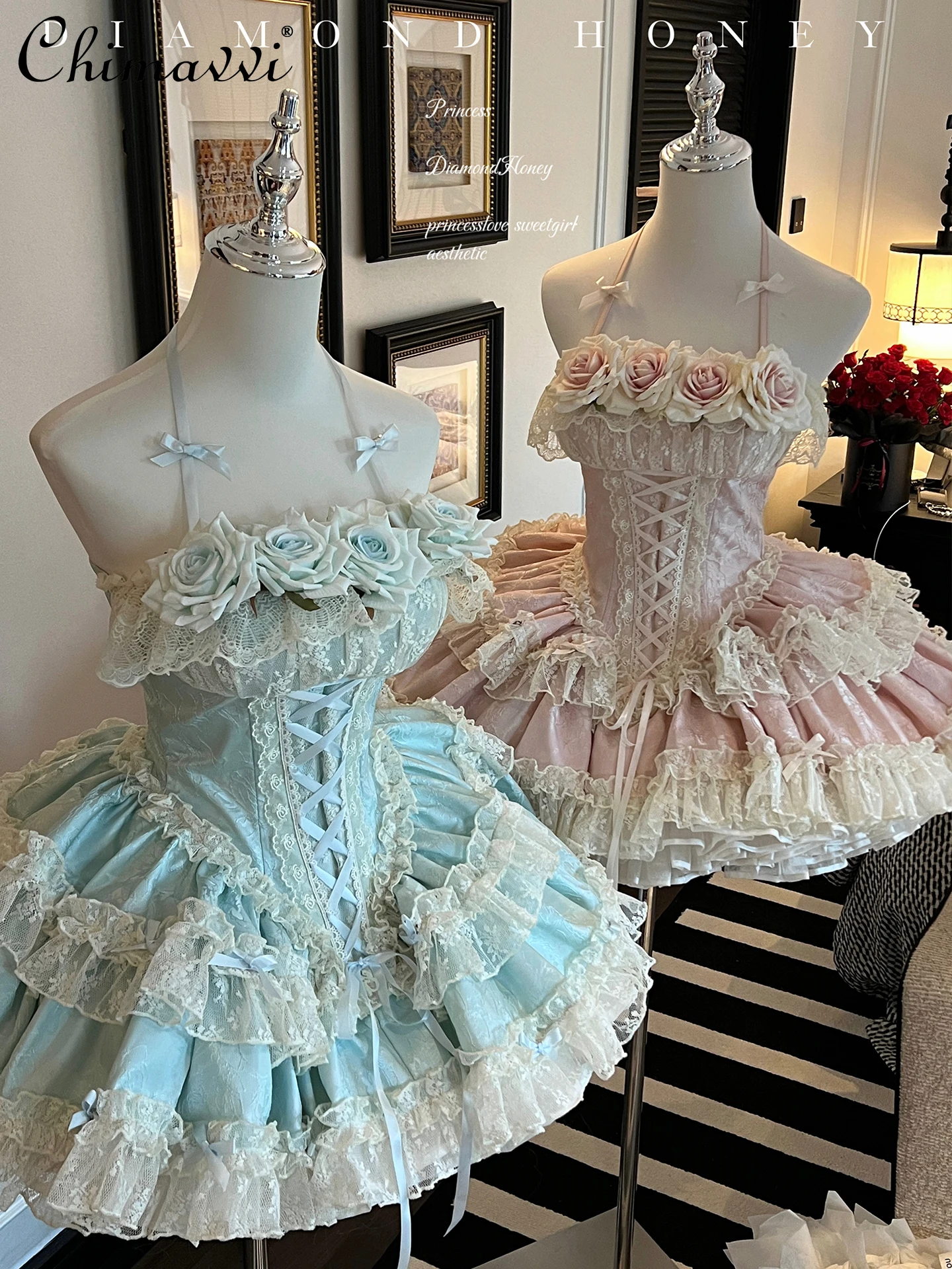 

Original Super Fairy Princess Ballet Style Short Dress Lolita Sweet Girl Lace Patchwork Birthday Party Princess Puffy Dresses