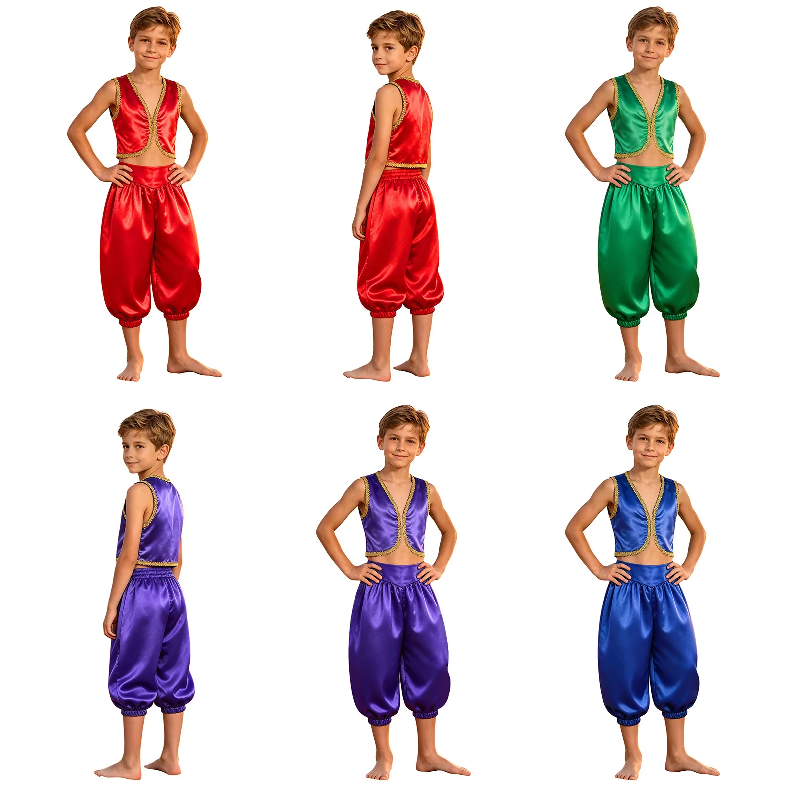 Kids Boys Arab Prince Outfit Open Front Satin Vest with Capri Pants Halloween Carnival Theme Party Lamp Elf Toad Cosplay Costume