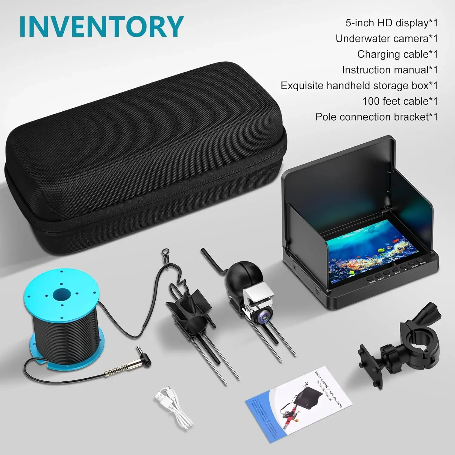 Underwater Fishing Camera, Fishing Camera with Infrared Night Vision Light, Portable Fish Finder with 100ft Cable, 5 Inch LCD