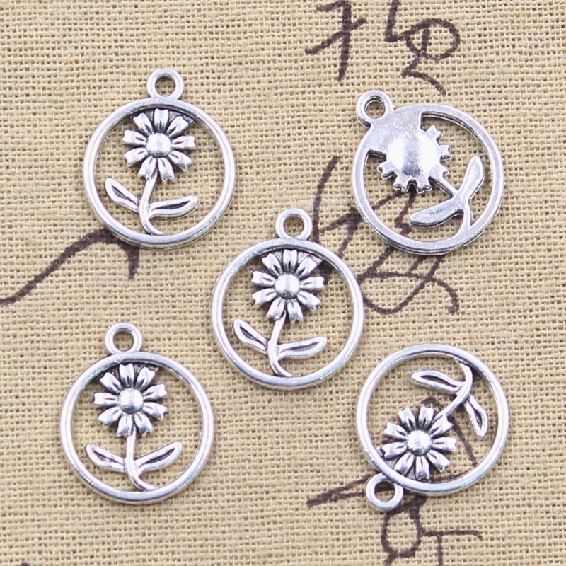 Colgantes de Color plateado antiguo para manualidades, joyería tibetana hecha a mano, 30 piezas, flor, girasol, 21x17mm