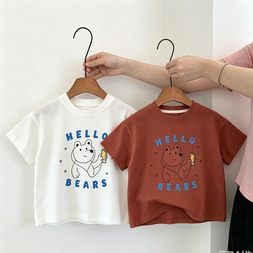 Cartoon Tees 1-7Years Old Child Short-sleeved Tops Round Neck Base Shirt Solid Color Versatile Pullovers Girls Printing T-shirt
