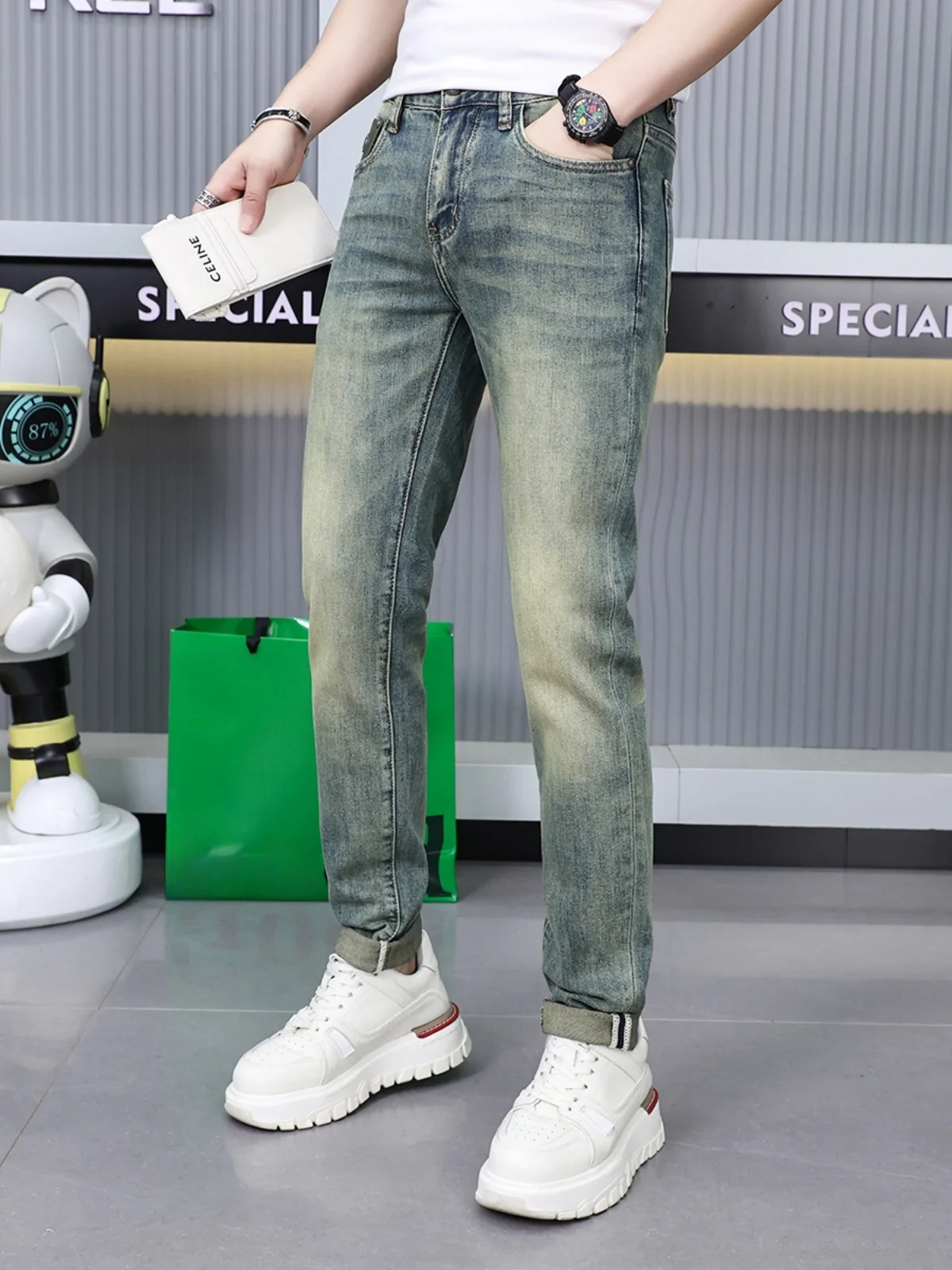 

High-End Vintage Faion Slim Fit Men's Jeans mid Waist Cotton Stretch Denim Youthful Casual Wear Resistant Small Straight Foot