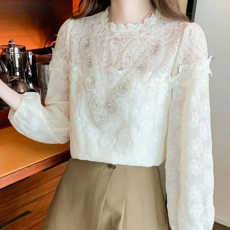 Camisa con cuentas y cuello levantado para mujer, blusa elegante de encaje bordado, manga larga, 2024