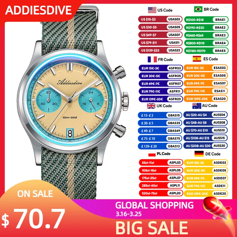 

ADDIESDIVE 38mm New Men's Watch K1 Bubble Glass 100m Waterproof Luminous Luxury Quartz Watches 316L Stainless Steel Chronograph