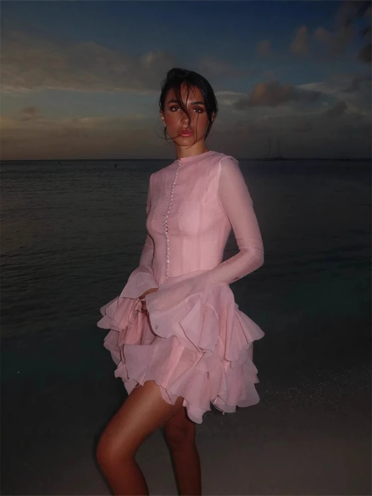 Para festa roupa diária mini vestido 2025 sexy doce vestido fedorado na moda tule em camadas puff hem botão detalhe vestido de cintura alta