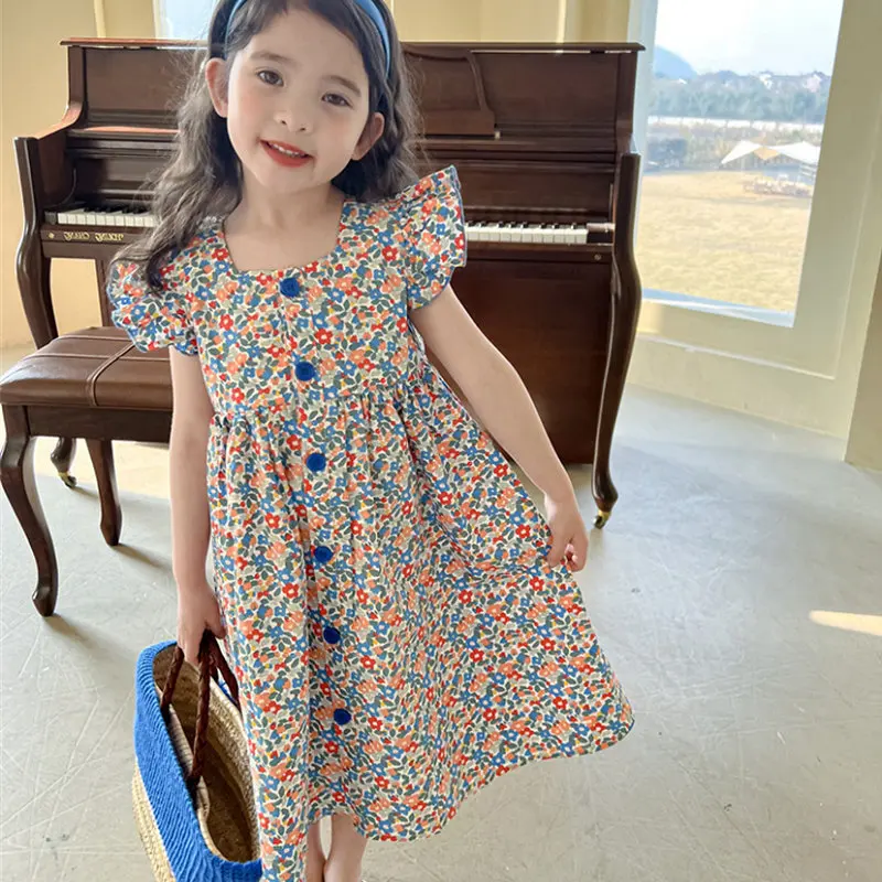 Girls Dress Single Breasted Floral Flying Sleeve Princess Dress 2025 Summer Outfit New Children Clothing