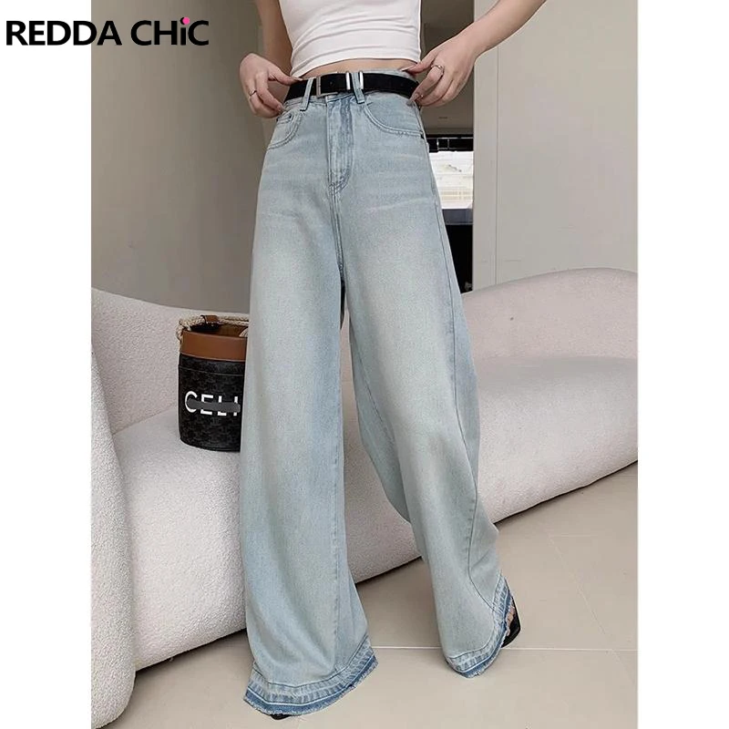 

ReddaChic Blue Wash Frayed Women Baggy Jeans High Rise Raw Edge Distressed Denim Pants Wide Leg Casual Loose Trousers Streetwear