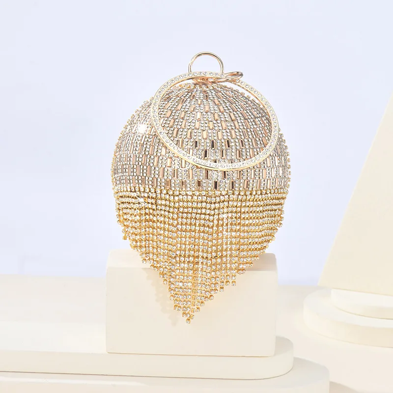 French Elegant Round Beaded Tassel Rhinestone Clutch Bag Women Crystal Evening Party Handbag Sparkly Versatile Banquet Glitter